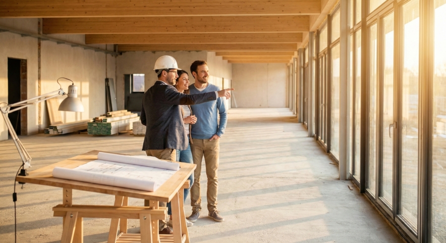 Planowanie smart home na etapie budowy – architekt z klientami przy stole z projektami architektonicznymi.