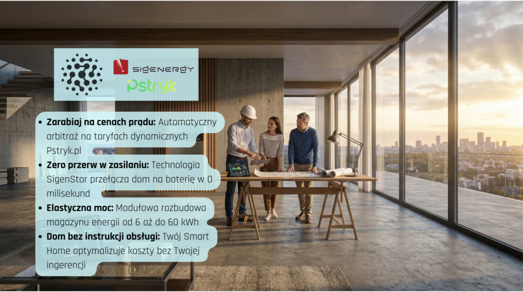 Baner Energy Stream promujący inteligentny dom z magazynem energii Sigenergy i taryfami dynamicznymi Pstryk. Po prawej stronie inżynier prezentuje parze inwestorów nowoczesny, nowo budowany dom w stanie surowym. Po lewej stronie wypisane korzyści: automatyczny arbitraż cenowy, przełączanie zasilania awaryjnego w 0 milisekund, modułowa rozbudowa pojemności od 6 do 60 kWh oraz optymalizacja kosztów bez ingerencji użytkownika.
