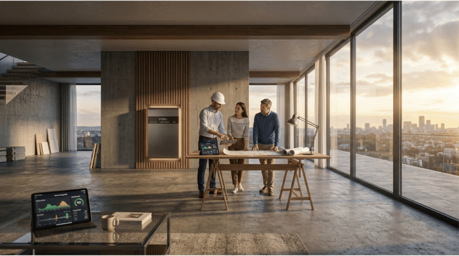 Baner Energy Stream promujący inteligentny dom z magazynem energii Sigenergy i taryfami dynamicznymi Pstryk. Po prawej stronie inżynier prezentuje parze inwestorów nowoczesny, nowo budowany dom w stanie surowym. Po lewej stronie wypisane korzyści: automatyczny arbitraż cenowy, przełączanie zasilania awaryjnego w 0 milisekund, modułowa rozbudowa pojemności od 6 do 60 kWh oraz optymalizacja kosztów bez ingerencji użytkownika.